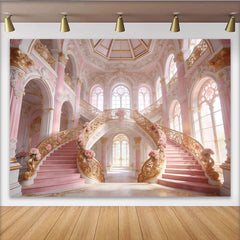 Lofaris Rosa Gold Prinzessinnenpalast-Hintergrund mit großer Treppe und Rosen, luxuriöse Kulisse für elegante Fotoshootings und Events