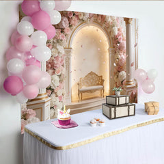 Lofaris Eleganter Blumen Fotohintergrund mit rosa Rosen und goldenen Säulen, luxuriöse Kulisse für Hochzeitsfotoshootings und Events