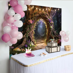 Lofaris Magischer Zauberwald Fotohintergrund mit Lichterkette und Blumenbogen, mystische Kulisse für Fotoshootings und Events