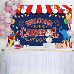 Lofaris Bunter Karnevals-Fotohintergrund mit Clown Elefant und Luftballons, fröhliche Zirkus-Kulisse für Kinderpartys und Event-Fotografie