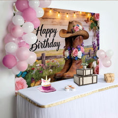 Lofaris Happy Birthday Western-Hintergrund mit Cowboyhut und Rosen, ländliche Fotowand für Partydekoration und Fotoshooting