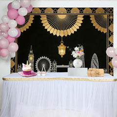 Lofaris Schwarz-goldener Art-Déco London-Skyline Fotohintergrund, elegante Kulisse für Party und professionelles Fotoshooting