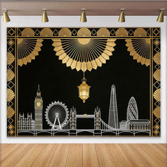 Lofaris Schwarz-goldener Art-Déco London-Skyline Fotohintergrund, elegante Kulisse für Party und professionelles Fotoshooting