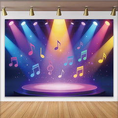 Lofaris Lebendiger bunter Musik-Fotohintergrund mit Noten und Scheinwerfern, dynamische Party-Kulisse für professionelle Fotostudios und Events