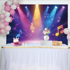 Lofaris Bunter Musikbühnen-Hintergrund mit funkelnden Noten und Scheinwerfern, perfekte Kulisse für Party und Fotoshooting