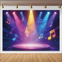 Lofaris Bunter Musikbühnen-Hintergrund mit funkelnden Noten und Scheinwerfern, perfekte Kulisse für Party und Fotoshooting