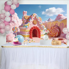 Lofaris Bunter Süßigkeitenland Hintergrund mit Zuckerhaus und Lollipops, traumhafte Fotokulisse für Kindergeburtstag und Fotoshooting