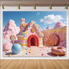 Lofaris Bunter Süßigkeitenland Hintergrund mit Zuckerhaus und Lollipops, traumhafte Fotokulisse für Kindergeburtstag und Fotoshooting