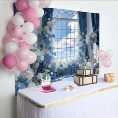 Lofaris Eleganter blau-weißer Blumenfensterhintergrund mit Rosen, romantische Kulisse für Hochzeitsfotos und Porträts