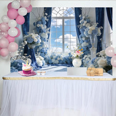 Lofaris Eleganter blauer Blumenfenster Hintergrund mit weißen Rosen, romantische Kulisse für professionelle Fotografie