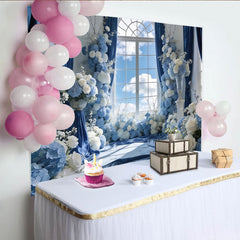 Lofaris Eleganter blauer Blumenfenster Hintergrund mit weißen Rosen, romantische Kulisse für professionelle Fotografie