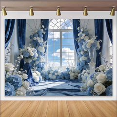 Lofaris Eleganter blauer Blumenfenster Hintergrund mit weißen Rosen, romantische Kulisse für professionelle Fotografie