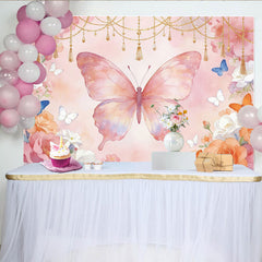Lofaris Rosa Schmetterlings-Blumen-Fotohintergrund mit goldenen Ketten, elegante Kulisse für Fotoshooting und Partydekoration