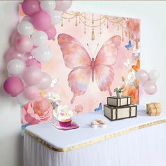 Lofaris Rosa Schmetterlings-Blumen-Fotohintergrund mit goldenen Ketten, elegante Kulisse für Fotoshooting und Partydekoration