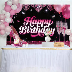 Lofaris Rosa Schwarz Happy Birthday Glamour-Geburtstagshintergrund für Damen, funkelnde Fotokulisse mit eleganten High Heels und Sektgläsern