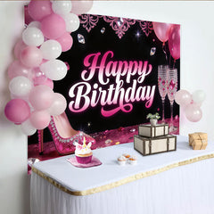 Lofaris Rosa Schwarz Happy Birthday Glamour-Geburtstagshintergrund für Damen, funkelnde Fotokulisse mit eleganten High Heels und Sektgläsern