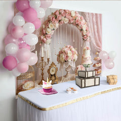 Lofaris Eleganter Rosa Blumen-Hochzeitshintergrund mit Rosen und Perlen, romantische Fotokulisse für Verlobungsfeier und Event-Dekoration