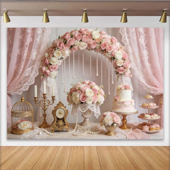 Lofaris Eleganter Rosa Blumen-Hochzeitshintergrund mit Rosen und Perlen, romantische Fotokulisse für Verlobungsfeier und Event-Dekoration