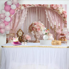 Lofaris Romantischer Blumen-Fotohintergrund in Rosa und Weiß mit Perlen und Spitze, elegante Kulisse für Hochzeits- und Partyfotos
