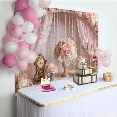 Lofaris Romantischer Blumen-Fotohintergrund in Rosa und Weiß mit Perlen und Spitze, elegante Kulisse für Hochzeits- und Partyfotos