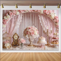 Lofaris Romantischer Blumen-Fotohintergrund in Rosa und Weiß mit Perlen und Spitze, elegante Kulisse für Hochzeits- und Partyfotos