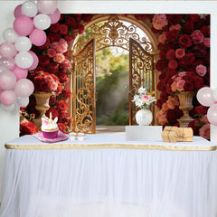 Lofaris Elegantes Goldenes Tor Blumen-Fotohintergrund mit roten Rosen, romantische Kulisse für Hochzeiten und Fotoshootings