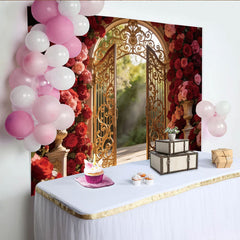 Lofaris Elegantes Goldenes Tor Blumen-Fotohintergrund mit roten Rosen, romantische Kulisse für Hochzeiten und Fotoshootings