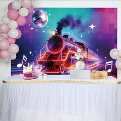 Lofaris Leuchtender Neon-Zug-Fotohintergrund mit Discokugel und Musiknoten, farbenfrohe Party-Kulisse für Kindergeburtstag und Fotos