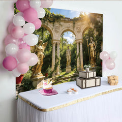 Lofaris Mythologischer Gartenhintergrund mit goldenen Statuen und Steinbögen, elegante Fotokulisse für professionelle Porträts und Events