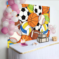 Lofaris Bunter Sporthintergrund mit Fußbällen Basketbällen und Basebällen, vielseitige Fotokulisse für Sportevents und Partydekoration