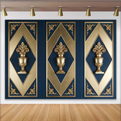 Lofaris Dunkelblau Gold ornamentierter Barock Fotohintergrund mit Vasen, luxuriöse Kulisse für elegante Porträts und Events