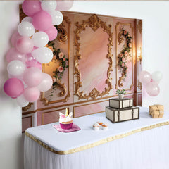 Lofaris Eleganter Rosa Marmor Fotohintergrund mit goldenen Ornamenten, luxuriöse Kulisse für professionelle Fotostudio-Aufnahmen