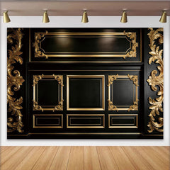 Lofaris Schwarzer goldener Barock Fotohintergrund mit eleganten Schnitzereien, luxuriöse Kulisse für Fotostudios und elegante Events