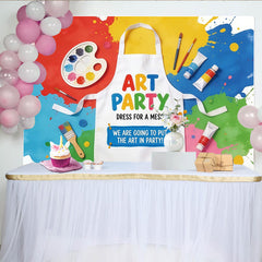Lofaris Bunter Kunstparty-Geburtstagshintergrund mit Farbspritzern und Malpinseln, fröhliche Fotokulisse für kreative Kinderpartys und Fotos