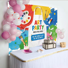 Lofaris Bunter Kunstparty-Geburtstagshintergrund mit Farbspritzern und Malpinseln, fröhliche Fotokulisse für kreative Kinderpartys und Fotos