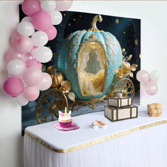 Lofaris Türkis-goldener Märchen-Kürbiskutschen-Fotohintergrund mit glitzernden Akzenten, luxuriöse Kulisse für Events und Fotostudio