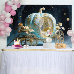 Lofaris Hellblauer goldener Märchen Kutschen Hintergrund mit funkelnden Lichtern, elegante Prinzessinnen Kulisse für Fotostudio Party