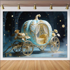 Lofaris Hellblauer goldener Märchen Kutschen Hintergrund mit funkelnden Lichtern, elegante Prinzessinnen Kulisse für Fotostudio Party