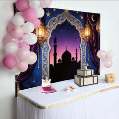 Lofaris Goldener Arabischer Bogen Ramadan Hintergrund mit Laternen und Sternen, festliche Kulisse für islamische Feierlichkeiten und Fotostudio