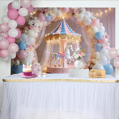 Lofaris Pastell Karussell-Geburtstagshintergrund für Mädchen mit Blumen, elegante Fotokulisse für Babyparty und Kindergeburtstag