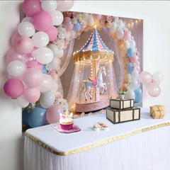 Lofaris Pastell Karussell-Geburtstagshintergrund für Mädchen mit Blumen, elegante Fotokulisse für Babyparty und Kindergeburtstag