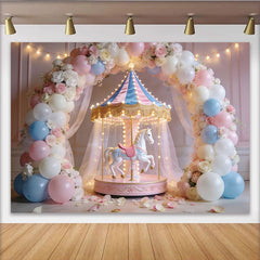 Lofaris Pastell Karussell-Geburtstagshintergrund für Mädchen mit Blumen, elegante Fotokulisse für Babyparty und Kindergeburtstag
