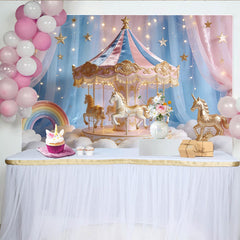 Lofaris Verträumter Rosa Blau Märchen-Karussell Fotohintergrund mit Sternen und Regenbogen für Fotoshooting, zauberhafte Kulisse