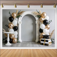 Lofaris Schwarz-goldener Abschlussfeierhintergrund mit Bogen und Luftballons, stilvolle Kulisse für Fotostudio und Zeremonie