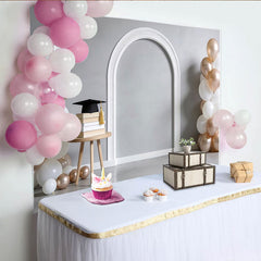 Lofaris Abschlussfeier Fotohintergrund mit weiß-roségoldenen Ballons, eleganter Kulisse für Fotoshooting und Partydekoration