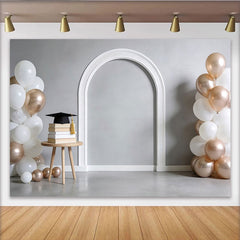 Lofaris Abschlussfeier Fotohintergrund mit weiß-roségoldenen Ballons, eleganter Kulisse für Fotoshooting und Partydekoration