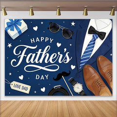 Lofaris Happy Father's Day blauer Vatertagshintergrund mit Anzug und Accessoires, festliche Kulisse für Papa und Fotoshooting