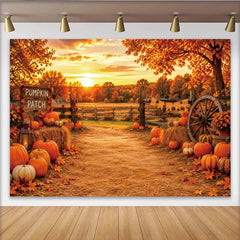 Lofaris Herbstlicher Kürbis-Patch-Hintergrund, goldener Sonnenuntergang, rustikale Kulisse für Erntedankfest und Herbstfotoshooting