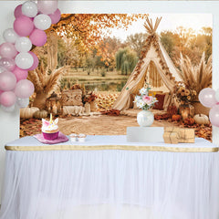 Lofaris Rustikaler Herbstfotohintergrund mit Tipi und Pampasgras, natürliche Kulisse für Outdoor-Fotoshootings