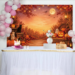 Lofaris Gruseliger Halloween Hintergrund mit Kürbissen Geistern und Vollmond, herbstliche Kulisse für Partydekoration und Fotoshooting